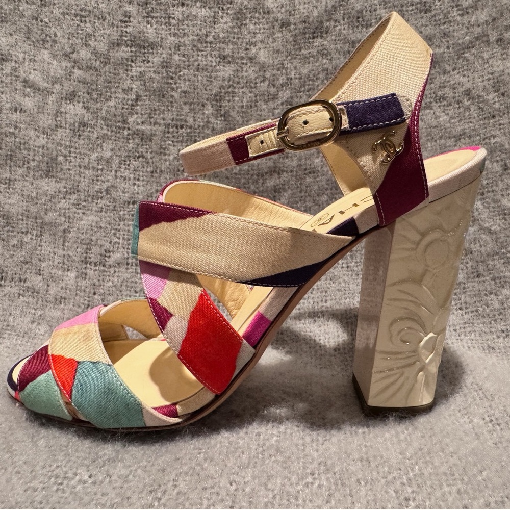 Chanel size 38 strappy colorful heels with ornate floral heel